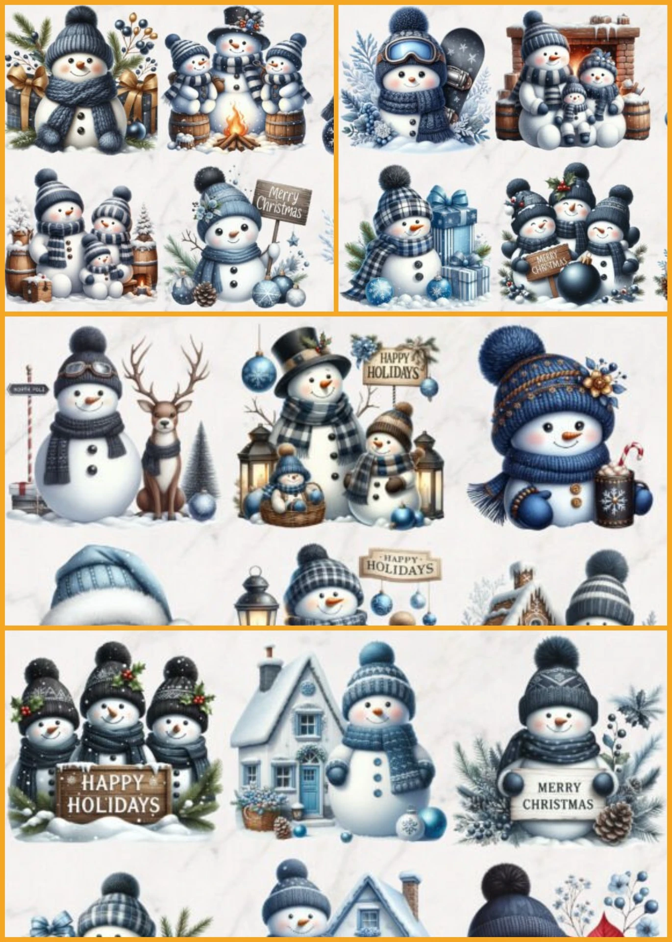 Christmas Winter Blue Snowman Clipart Bundle 2 Blue Snowman Clipart bundle with 52 high-res PNGs in solid and distressed styles. Perfect for sublimation, crafts, and POD. Instant download.