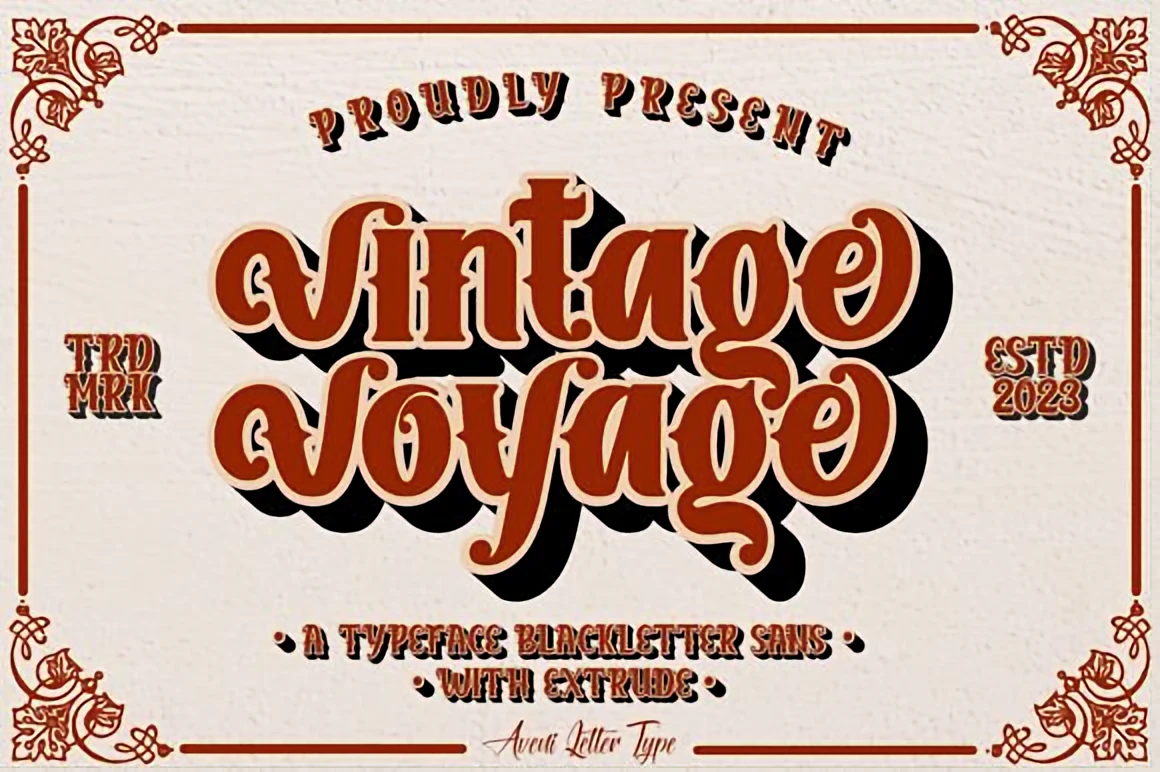 6 Retro Aesthetic Fonts for Posters and Covers 13 Vintage Voyage retro serif font showcased with bold decorative curves, art-deco accents, and a vintage framed layout.