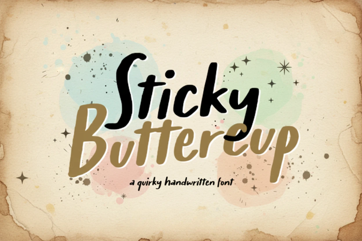 Best 7 Script Fonts & Handwritten Script Collection 5 Sticky Buttercup quirky handwritten font display on a vintage paper background with colorful shapes and whimsical decorative splashes.
