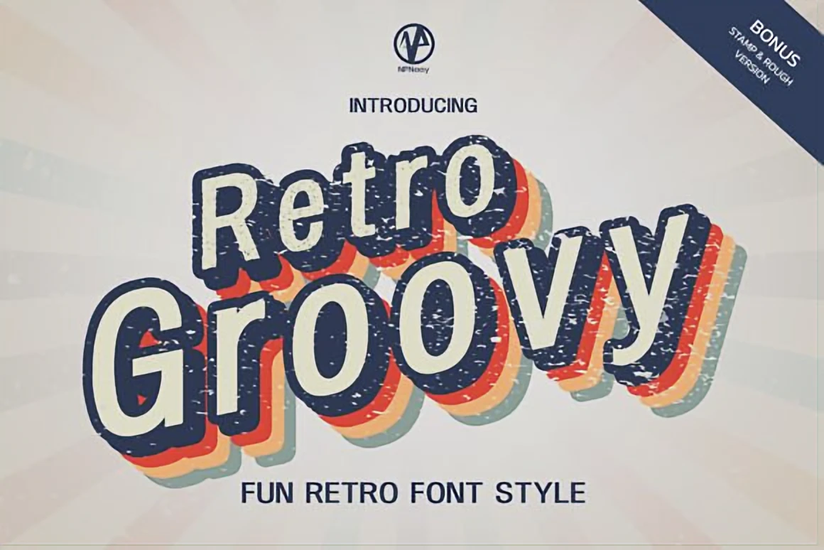 6 Retro Aesthetic Fonts for Posters and Covers 2 Retro Groovy bold retro font displayed with layered 70s colors and a playful vintage aesthetic for nostalgic designs.