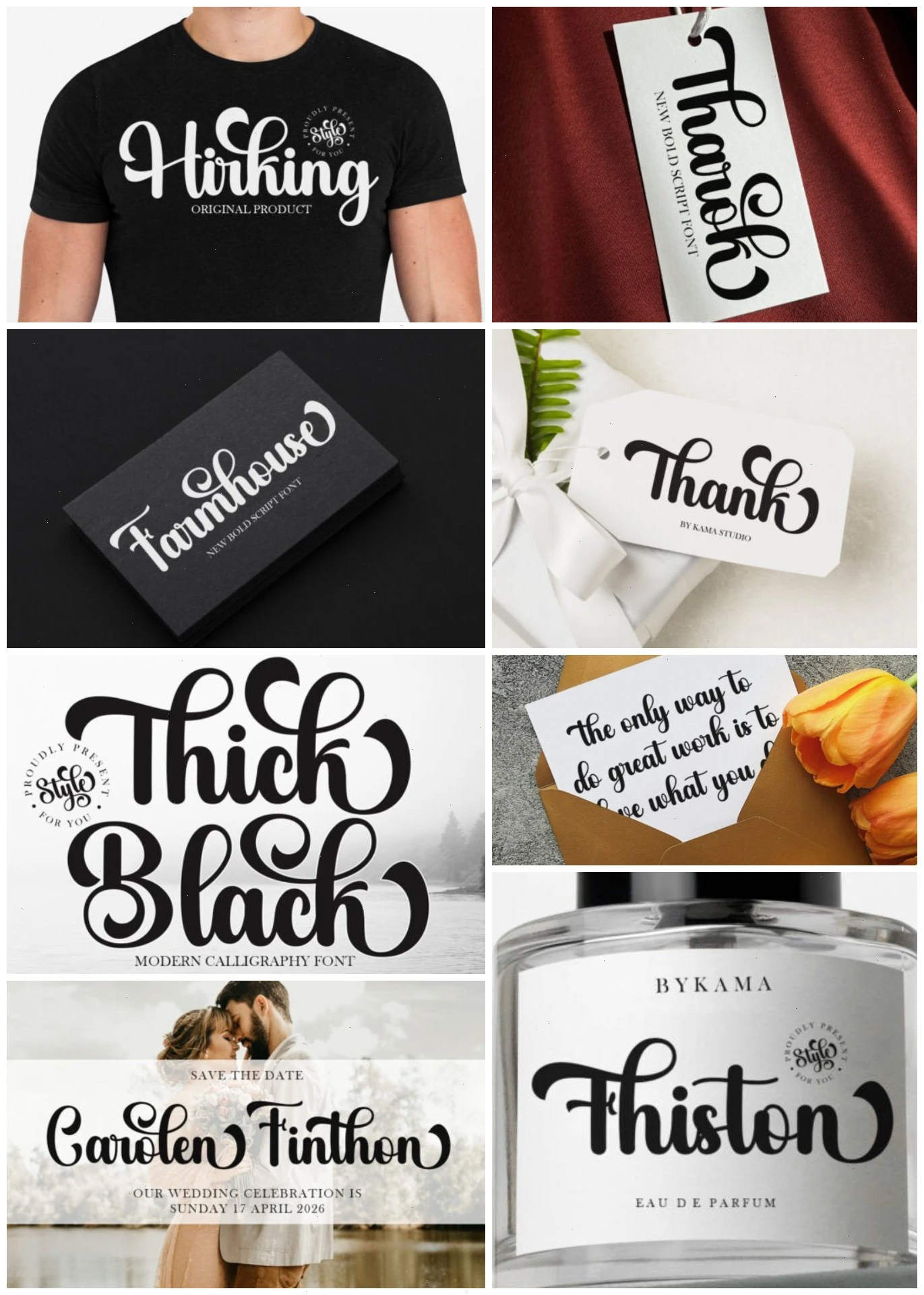 A collage showcasing various designs featuring elegant script fonts, including a black T-shirt with «Hörking», a tag with «Thanks», a box labeled «Farmhouse», a gift tag saying «Thank», a dramatic «Thick Black» calligraphy display, a romantic wedding invitation for «Carolen Finthton», a perfume bottle labeled «Thiston», and a motivational quote card reading «The only way to do great work is to love what you do». Each design combines stylish typography with diverse backgrounds, from fabric and boxes to misty landscapes and floral arrangements, highlighting the versatility of bold script fonts in branding and decorative use.