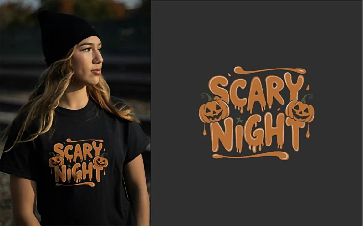 8 Creative Display Fonts for T-Shirts — Bold Retro Ideas 9 Scary Night spooky display font printed on a black T-shirt, featuring dripping letters and pumpkin illustrations for Halloween designs.