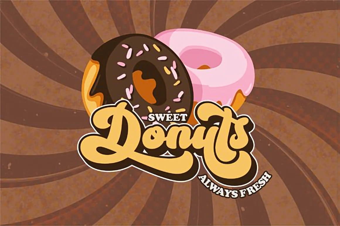 10 Retro-Inspired Display Fonts for Vintage Branding — Best Picks 3 Sweet Donuts groovy retro font displayed with cartoon donuts and bold swirling 70s-style lettering on a vintage background.