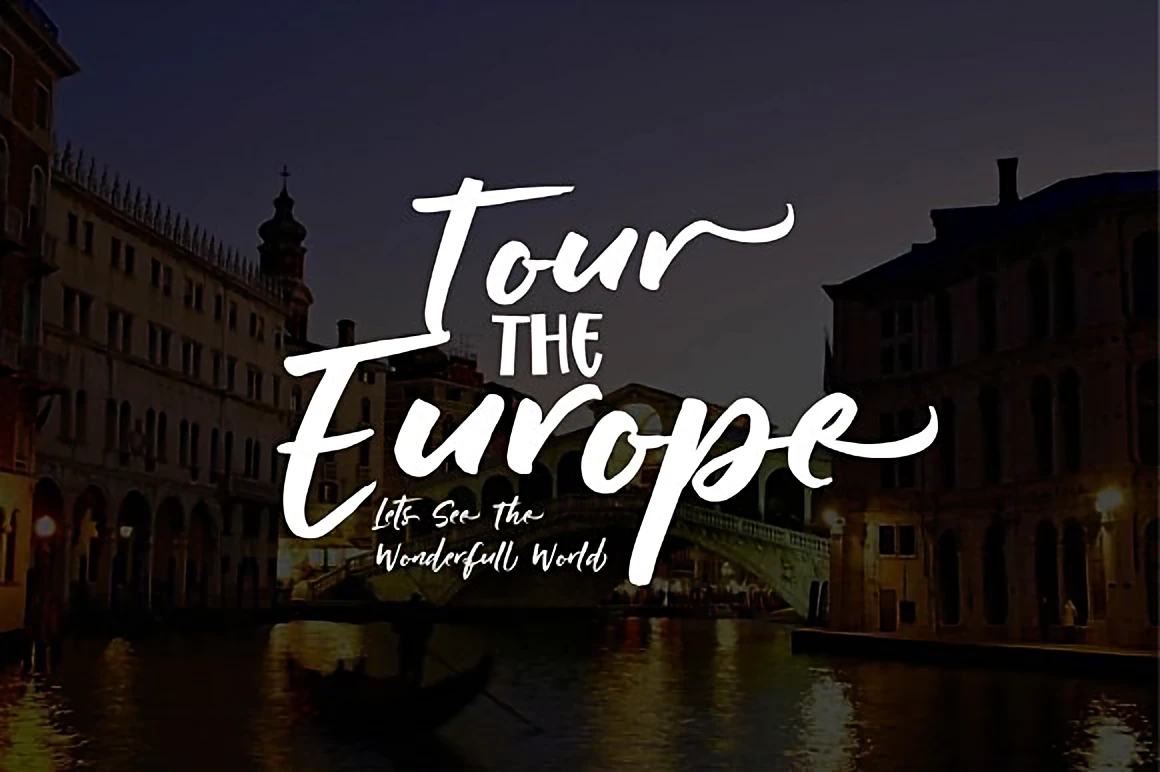 10 Retro-Inspired Display Fonts for Vintage Branding — Best Picks 5 Raditya retro brush script font displayed over a night canal scene, featuring bold handmade lettering with smooth 60s–70s curves.