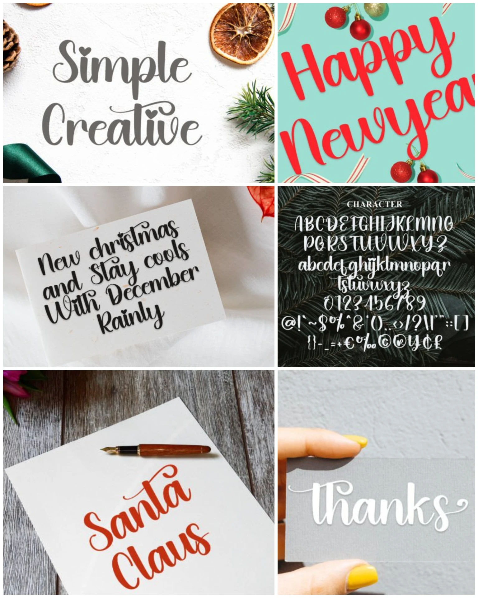 A collage showcasing a variety of stylish handwritten and decorative fonts, perfect for festive and creative designs. The collection includes: a graceful script font spelling «Simple Creative» with a winter-themed background; a bold, festive red font with «Happy New Year» surrounded by Christmas ornaments; an elegant cursive font used in the phrase «New Christmas and Stay Cools With December Rainly» on a greeting card; a comprehensive character set display of uppercase and lowercase letters, numbers, and symbols in a modern script style; a striking red brush script font spelling «Santa Claus» on a wooden surface with a fountain pen; and a delicate white cursive font with the word «thanks» on a gray background, held by a hand with yellow nail polish. This image highlights the versatility of script and decorative fonts for holiday cards, branding, and artistic projects.
