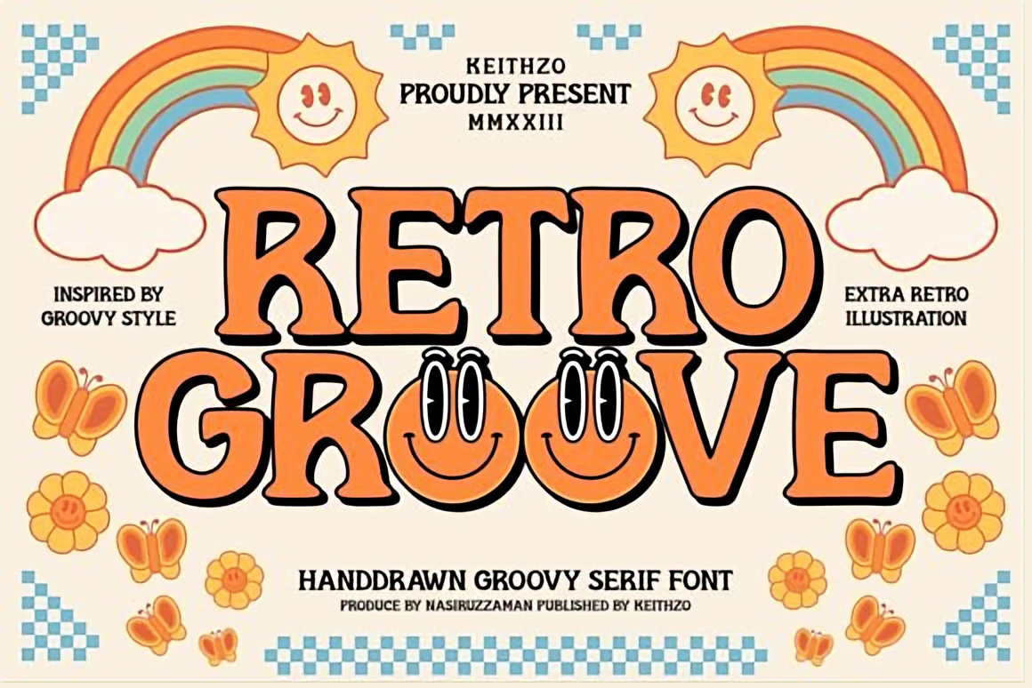 10 Retro-Inspired Display Fonts for Vintage Branding — Best Picks 7 Retro Groove hand-drawn groovy serif font displayed with smiling retro illustrations, rainbows, sun icons, and playful cartoon shapes.