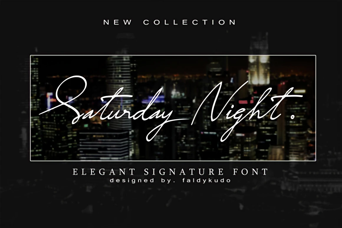 6 Retro Aesthetic Fonts for Posters and Covers 7 Saturday Night elegant retro script font displayed over a blurred city skyline, capturing a stylish 70s nightlife aesthetic.