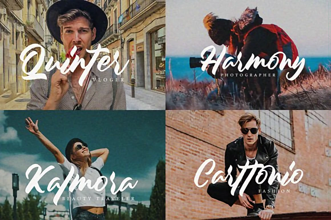 10 Retro-Inspired Display Fonts for Vintage Branding — Best Picks 12 Monterey retro brush script font displayed across four lifestyle photos, creating a vintage California travel and fashion vibe.