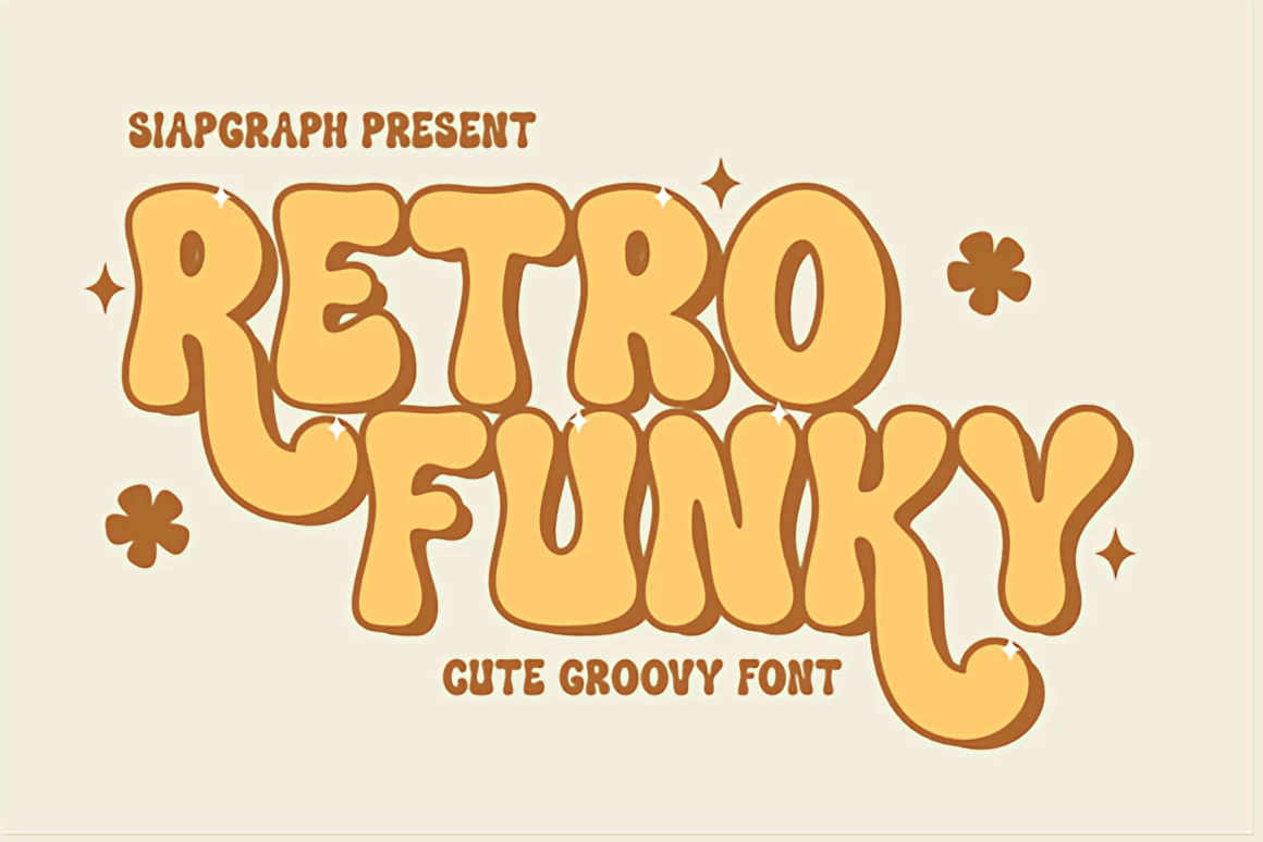 6 Retro Aesthetic Fonts for Posters and Covers 11 Retro Funky cute groovy font display featuring rounded bubble-style retro lettering with playful cartoon-inspired shapes.
