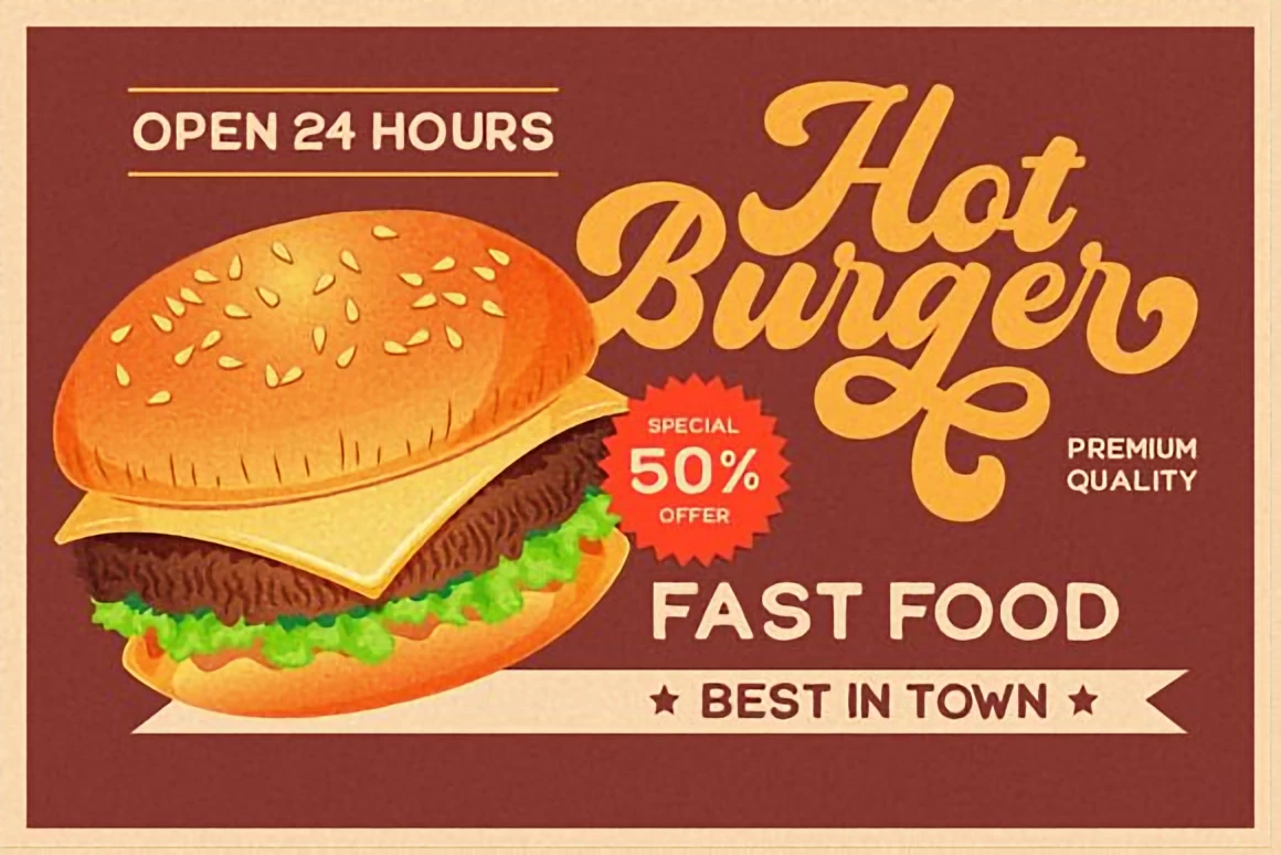 10 Retro-Inspired Display Fonts for Vintage Branding — Best Picks 10 Hot Burger retro fast-food poster featuring vintage script lettering, a large burger illustration, and warm 70s-inspired color tones.