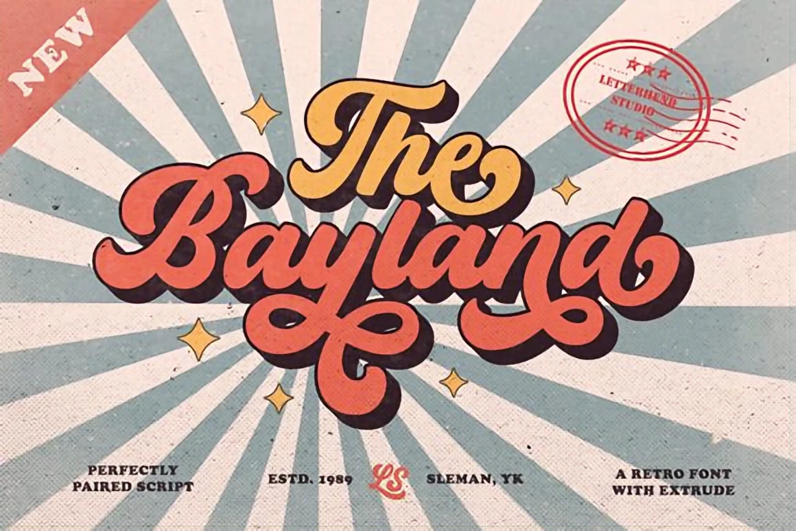 10 Retro-Inspired Display Fonts for Vintage Branding — Best Picks 9 The Bayland retro script font displayed with bold extruded lettering and textured vintage sunburst background for classic designs.