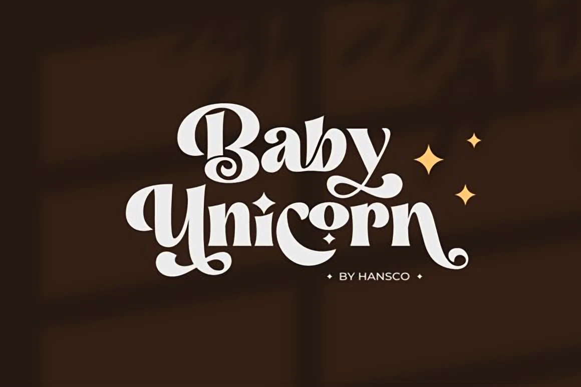 6 Retro Aesthetic Fonts for Posters and Covers 4 Baby Unicorn retro serif font displayed with bold decorative curves and subtle magical sparkles for a vintage mid-century feel.