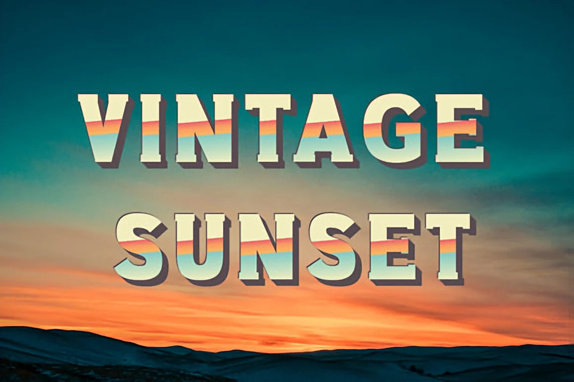 6 Retro Aesthetic Fonts for Posters and Covers 9 Vintage Sunset bold retro font showcased over a dramatic sunset sky, featuring thick geometric lettering for nostalgic poster designs.