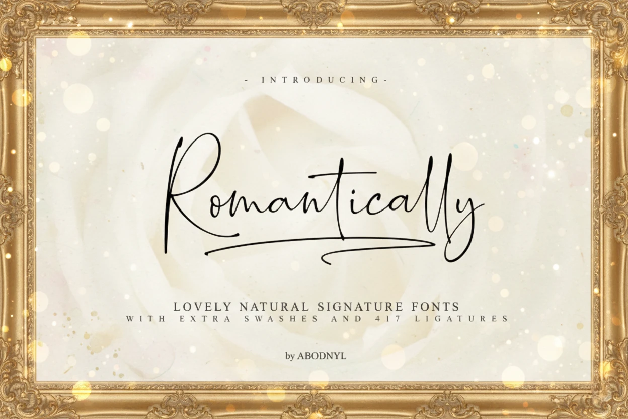 Best 7 Script Fonts & Handwritten Script Collection 6 Romantically wedding calligraphy font displayed in a decorative gold frame with soft bokeh and elegant handwritten strokes.