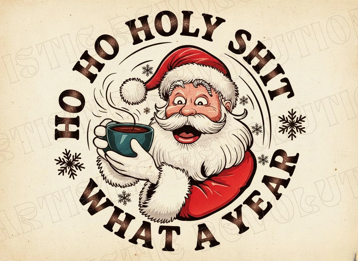Humorous Christmas illustration of Santa Claus holding a cup of coffee with a shocked expression, surrounded by the funny phrase “Ho Ho Holy Shit What a Year,” decorated with snowflakes. Ideal for Christmas shirts, holiday mugs, sarcastic gifts, and festive printable designs.