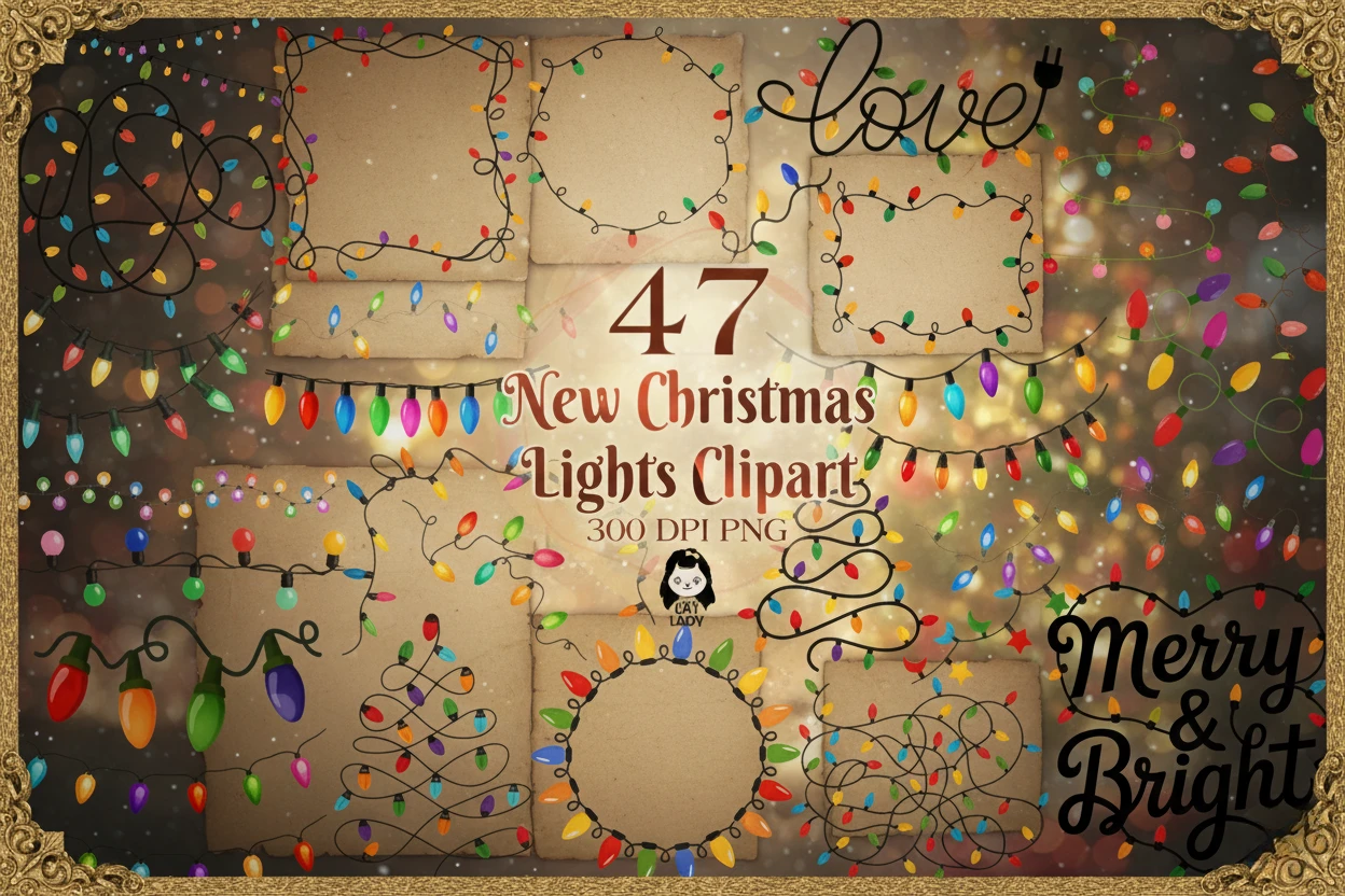 Christmas lights clipart bundle with 47 high-resolution PNG designs, including multicolor string lights, decorative frames, garlands, borders, Christmas tree shapes, word art, and festive elements for holiday crafts, sublimation, cards, and digital projects.