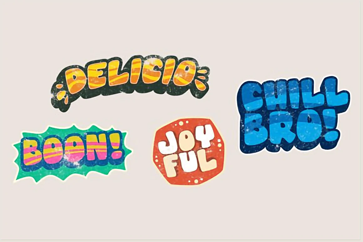 10 Retro-Inspired Display Fonts for Vintage Branding — Best Picks 8 A set of colorful retro bubble stickers featuring playful textured lettering with groovy 70s cartoon-inspired bubble shapes.
