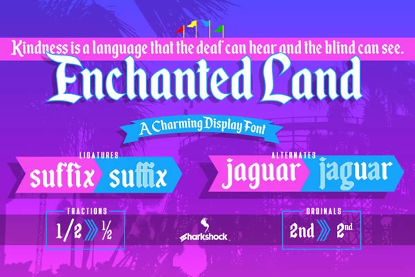 Enchanted Land Font – Magical Fantasy Display Typeface 2 Enchanted Land is a magical fantasy display font perfect for logos, invitations, posters, book covers, and whimsical designs. Add charm to every project.