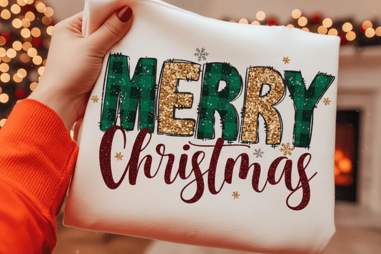 Merry Christmas sublimation design on a holiday sweatshirt, featuring bold red buffalo plaid and leopard print letters, black script font, and snowflake accents, photographed outdoors in a winter setting. Perfect for Christmas shirts, mugs, crafts, and seasonal print-on-demand projects.
