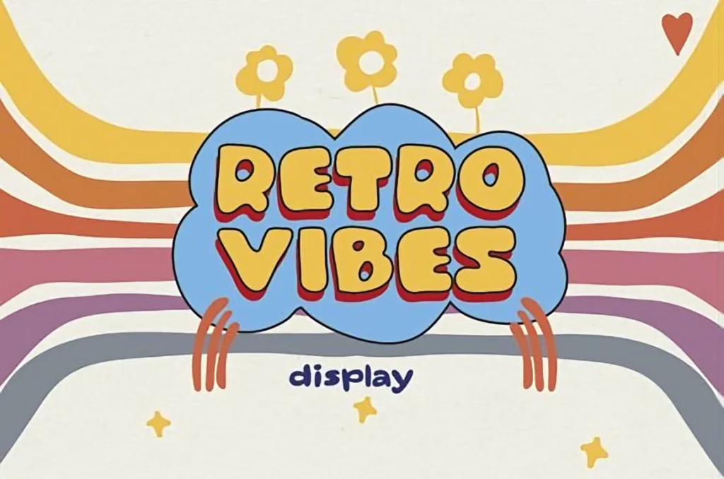 10 Retro-Inspired Display Fonts for Vintage Branding — Best Picks 11 Retro Vibes playful retro display font shown inside a blue bubble shape with colorful 70s lines and stars.