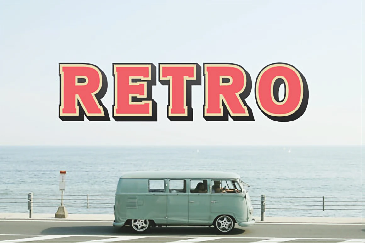 8 Creative Display Fonts for T-Shirts — Bold Retro Ideas 7 Retro 70s color display font showcased above a seaside vintage van, featuring bold layered retro lettering.