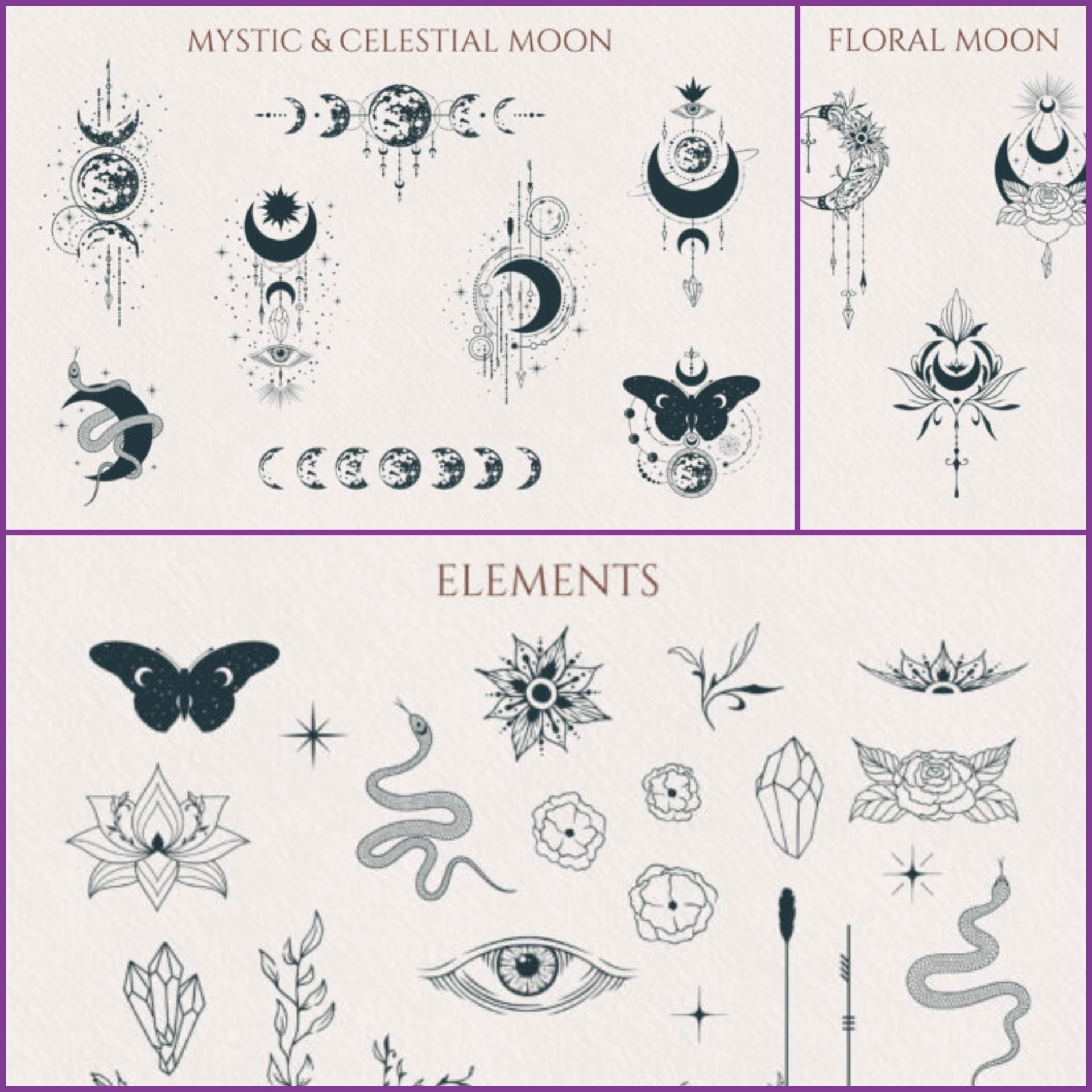 Mystical Moon Collection – Celestial Clipart & SVG Set 2 Mystical Moon Collection includes 47 celestial cliparts in SVG, PNG & EPS. Perfect for Cricut, scrapbooking, tattoos, and boho designs.