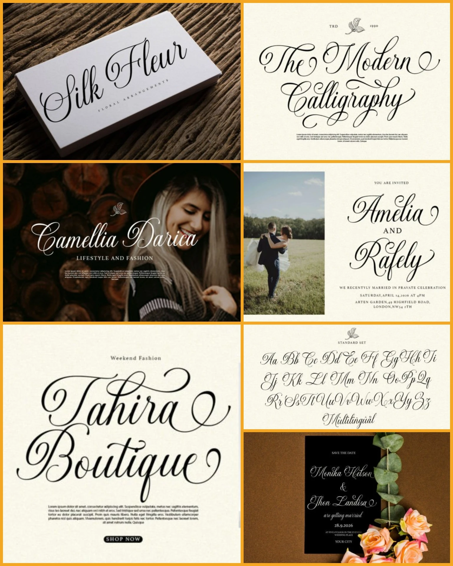 A collage of elegant calligraphy fonts showcasing their use in branding, invitations and design — from flowing «Silk Fleur» to bold «Amelia and Rafely», from stylish «Camellia Darica» to dramatic «Tahira Boutique». Demonstrates versatility of script styles for fashion, events and creative projects.