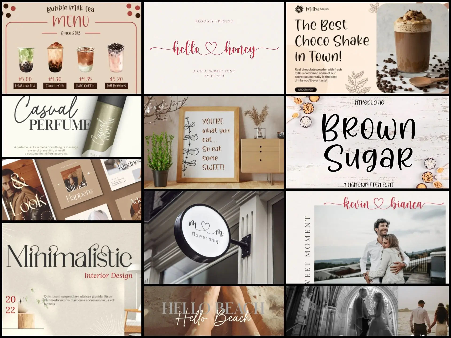 A multi-panel collage displaying various script and handwritten fonts, featuring modern calligraphy, brush lettering, and elegant cursive typography.