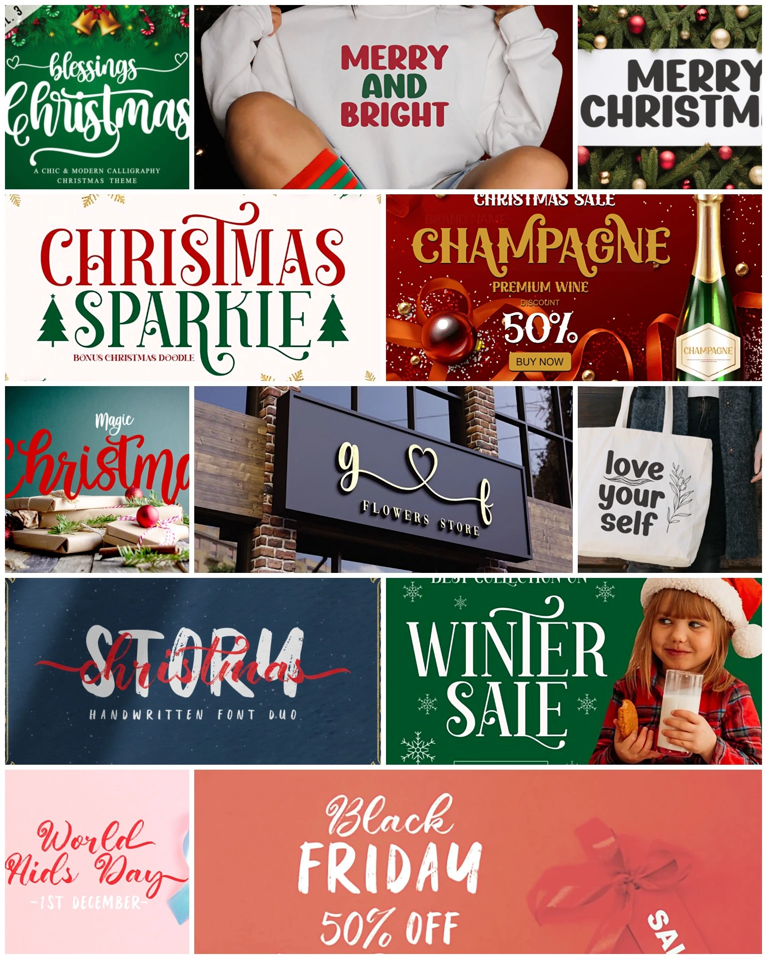 Collage showcasing multiple Christmas fonts, including script and serif styles, displayed on festive graphics, banners, T-shirt designs, and winter promotions.