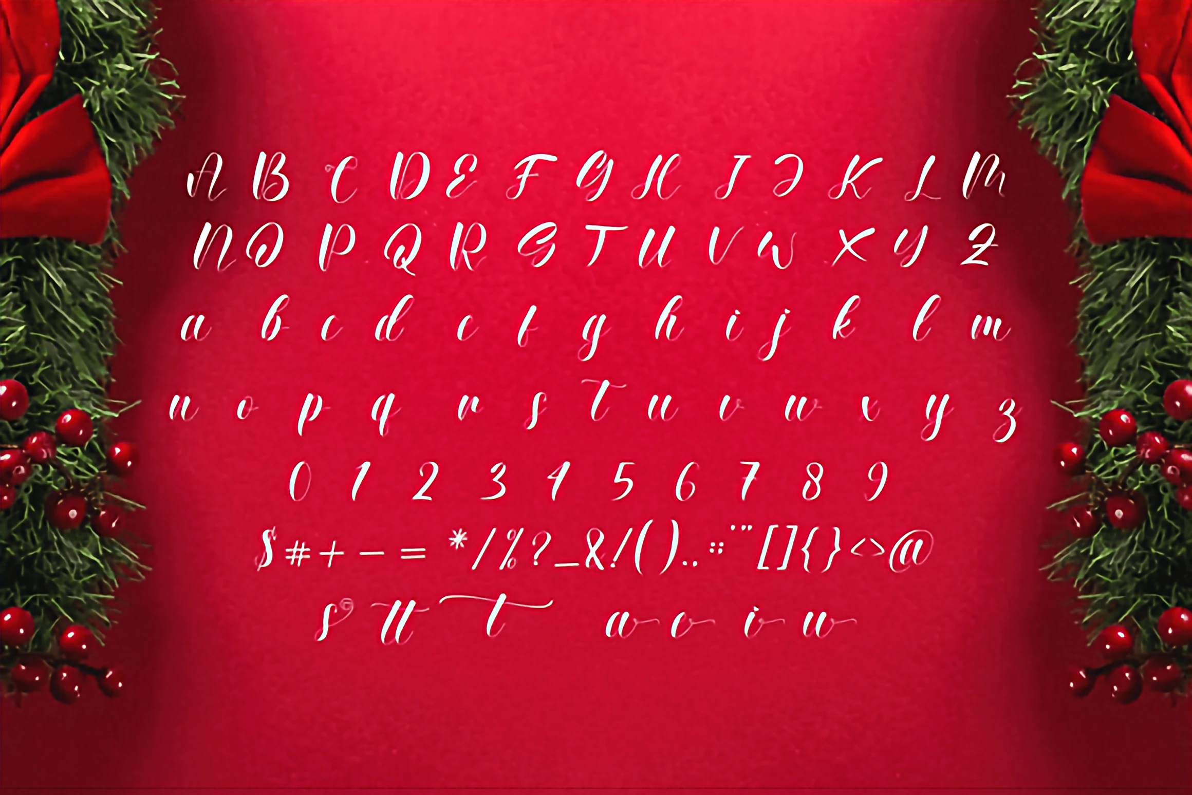 Christmas Beauty Day – Elegant Christmas Script Font 3 Christmas Beauty Day elegant modern script font displayed on a red background with festive wreaths, greenery, and bright holiday accents.