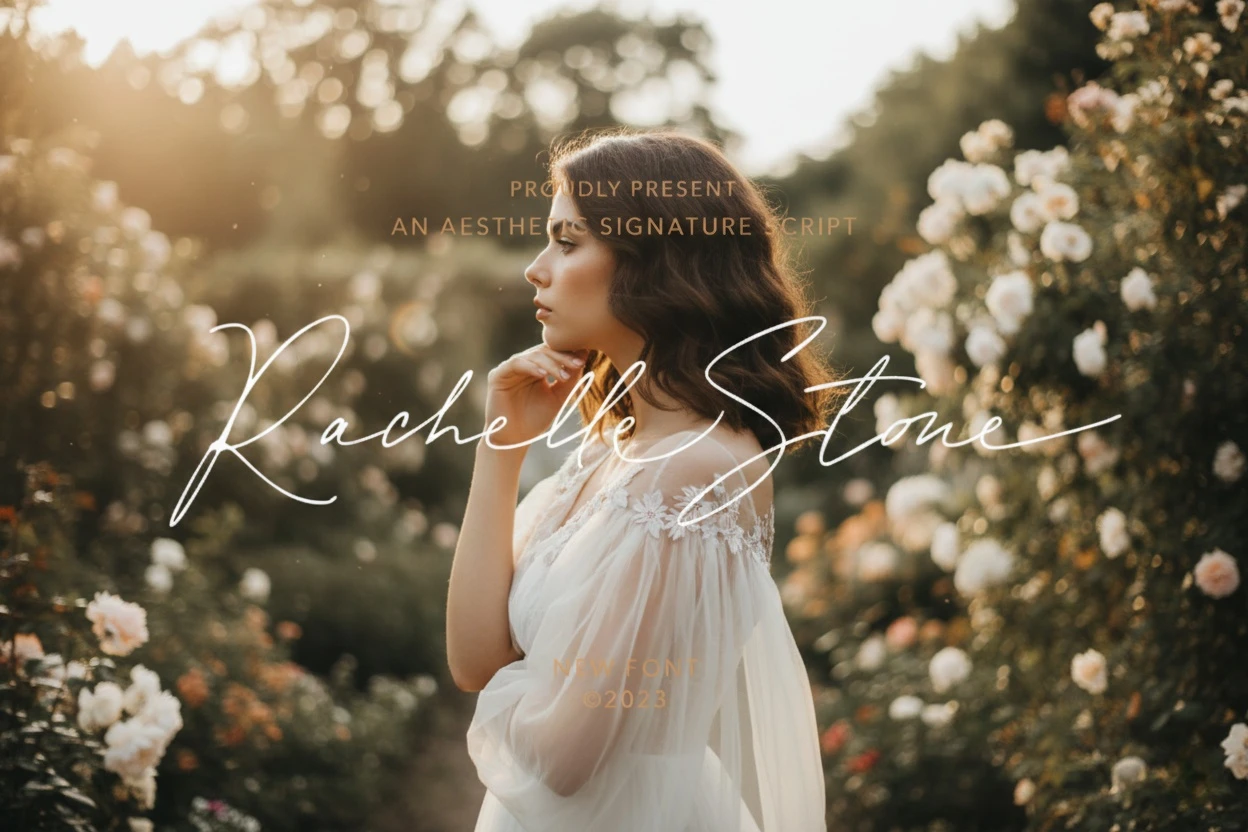 Rachelle Stone script font preview with natural handwritten style for digital signatures, quotes, logos and branding