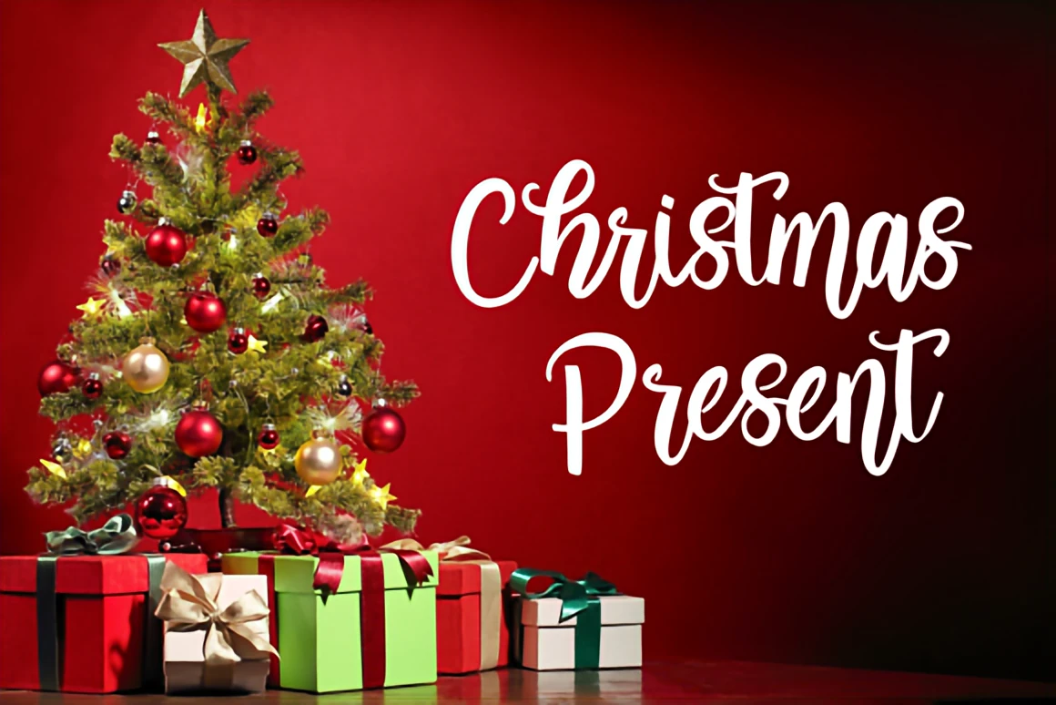Top 10 Christmas Fonts to Elevate Your Holiday Designs 30 Magic Christmas modern calligraphy script font displayed above rustic wrapped gifts, pine sprigs, ornaments, and cozy holiday décor.