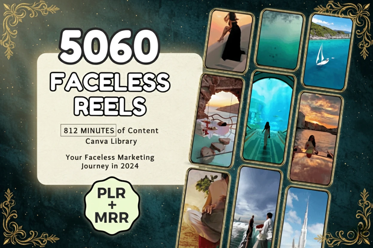 5060 faceless reels pack featuring 812 minutes of PLR/MRR video content and Canva templates for social media marketing.