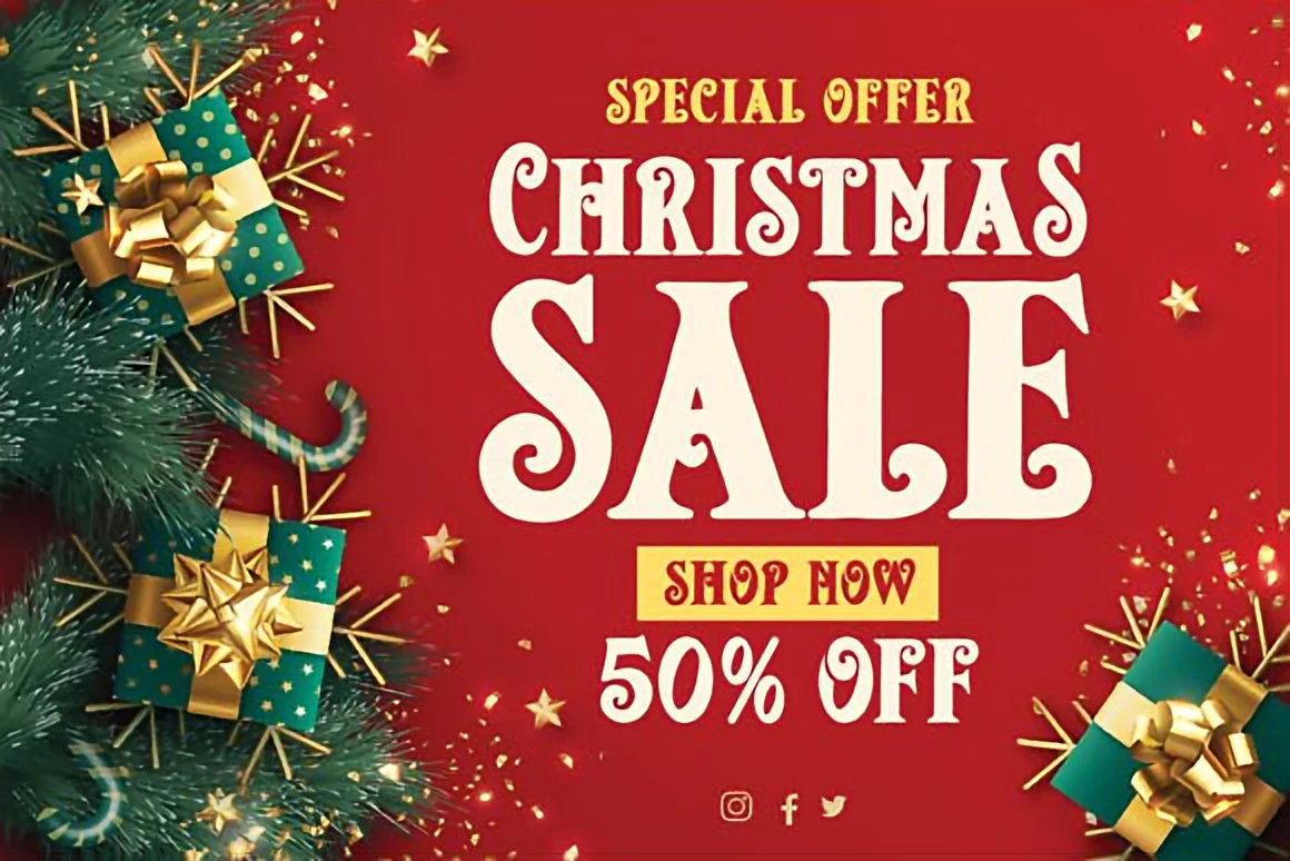 Top 10 Christmas Fonts to Elevate Your Holiday Designs 9 Christmas Mozart festive serif font displayed on a red holiday background with ornaments, snowflakes, and Santa’s sleigh silhouettes.