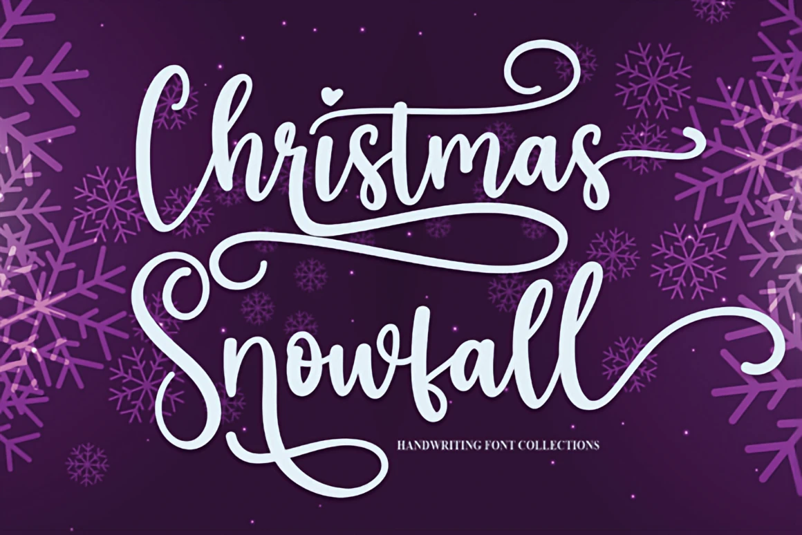 Top 10 Christmas Fonts to Elevate Your Holiday Designs 5 Christmas Snowfall elegant handwritten script font displayed on a purple winter background with swirling letters and glowing snowflakes.