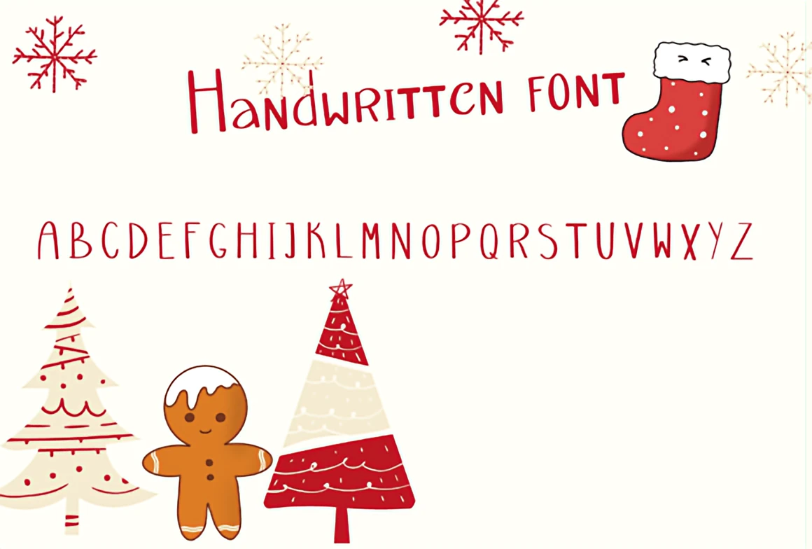 Cute Christmas Handwritten Font for Holiday Crafts 2 Uppercase Christmas handwritten font shown with gingerbread man, doodle Christmas trees, and playful winter decorations.