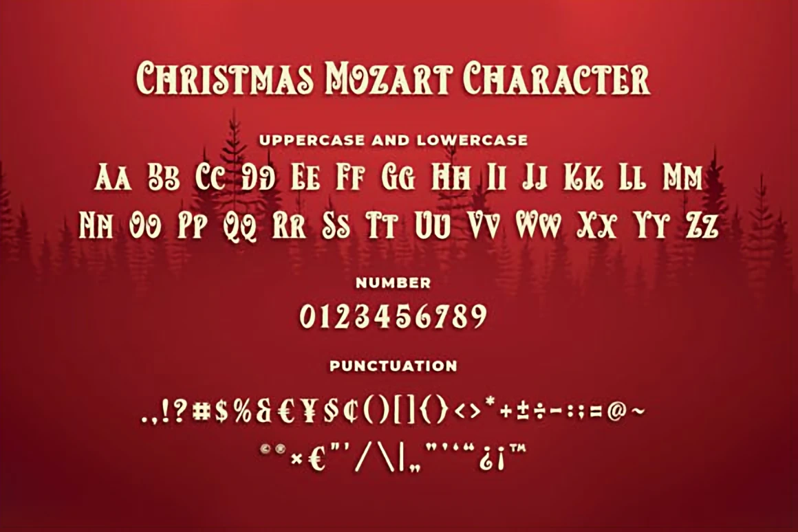 Top 10 Christmas Fonts to Elevate Your Holiday Designs 10 Christmas Mozart festive serif font displayed on a red holiday background with ornaments, snowflakes, and Santa’s sleigh silhouettes.