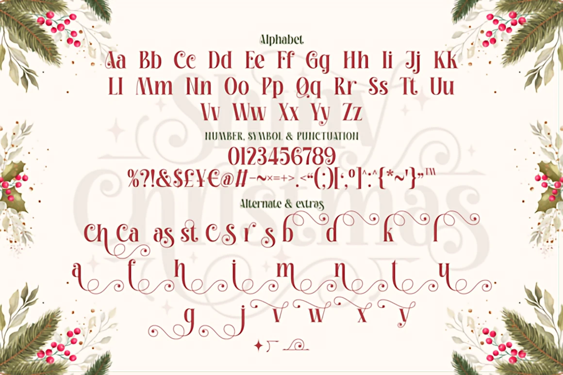 Shiny Christmas – Elegant Festive Serif Display Font 4 Shiny Christmas modern decorative serif font displayed with elegant swirls, red lettering, and festive greenery on a soft winter background.