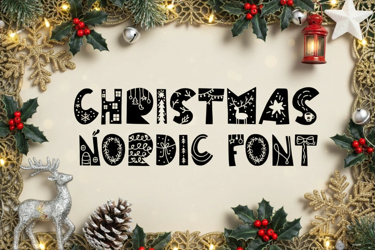 Christmas Nordic decorative font preview with bold festive letters for Christmas cards, gift tags, posters and stationery