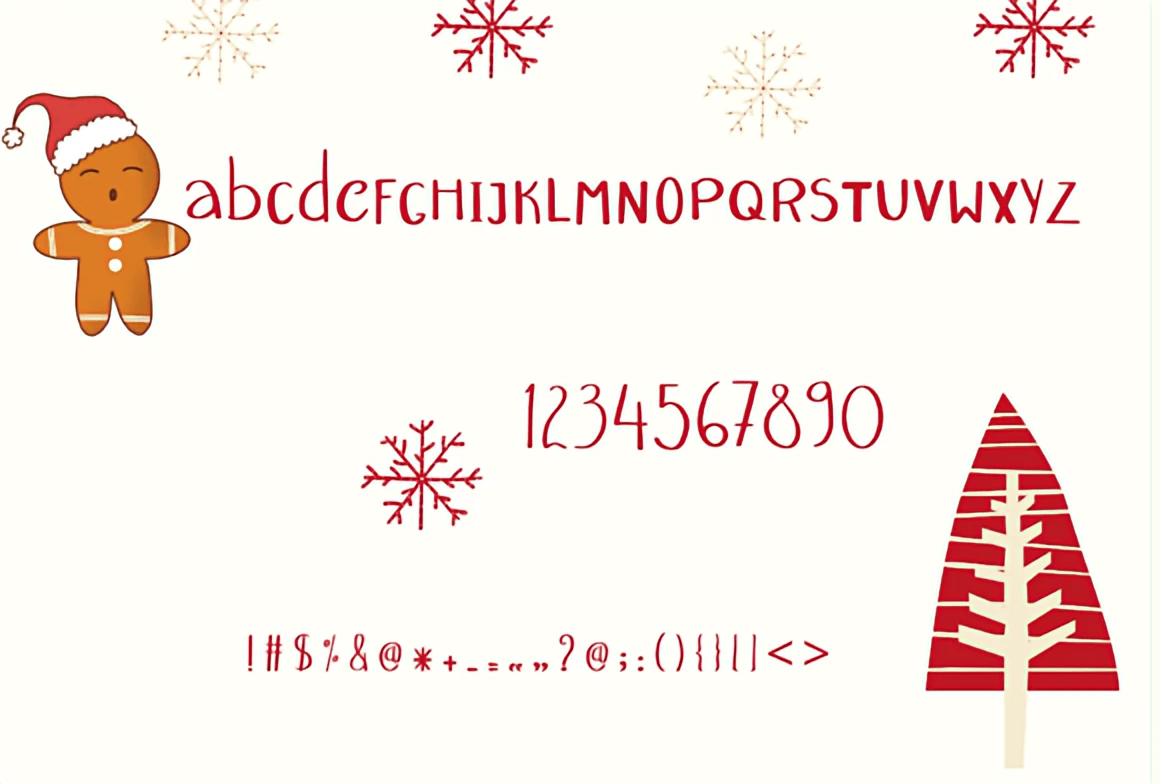 Cute Christmas Handwritten Font for Holiday Crafts 3 Lowercase Christmas handwriting font displayed with numbers, punctuation, snowflakes, and festive doodle illustrations.