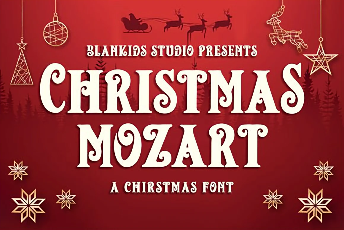 Top 10 Christmas Fonts to Elevate Your Holiday Designs 8 Christmas Mozart festive serif font displayed on a red holiday background with ornaments, snowflakes, and Santa’s sleigh silhouettes.