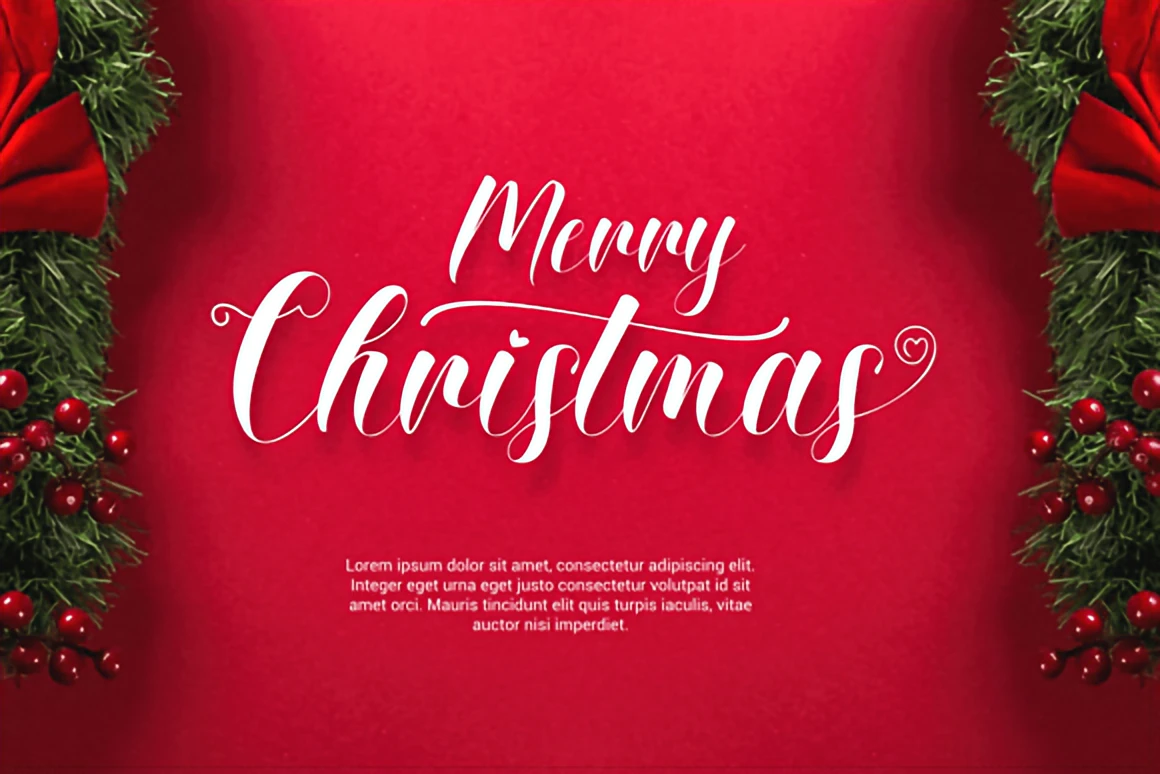 Christmas Beauty Day – Elegant Christmas Script Font 2 Christmas Beauty Day elegant modern script font displayed on a red background with festive wreaths, greenery, and bright holiday accents.