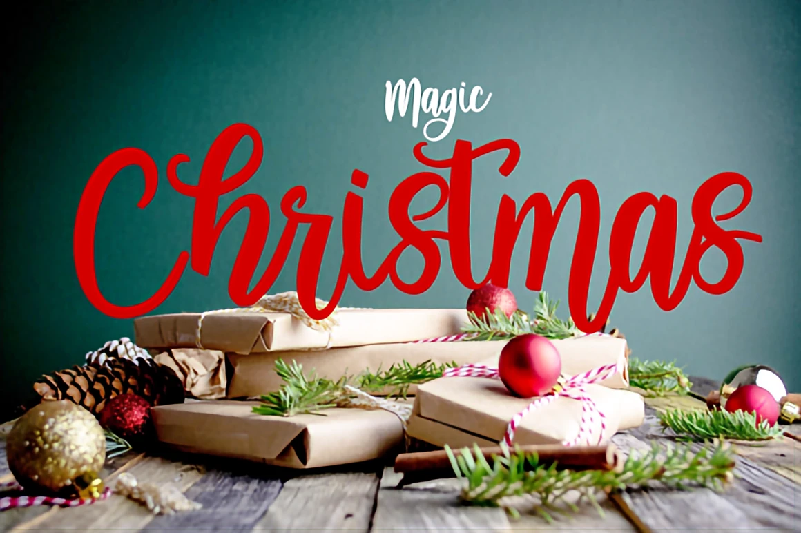 Top 10 Christmas Fonts to Elevate Your Holiday Designs 29 Magic Christmas modern calligraphy script font displayed above rustic wrapped gifts, pine sprigs, ornaments, and cozy holiday décor.