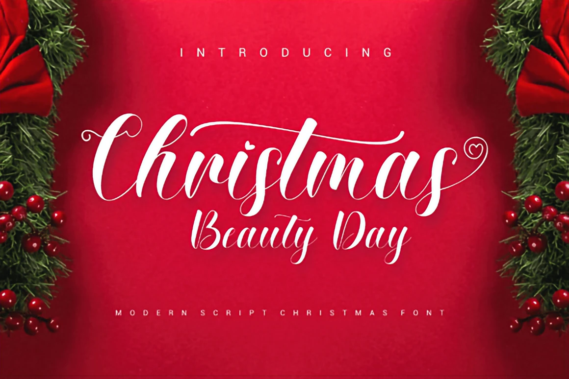 Christmas Beauty Day elegant modern script font displayed on a red background with festive wreaths, greenery, and bright holiday accents.