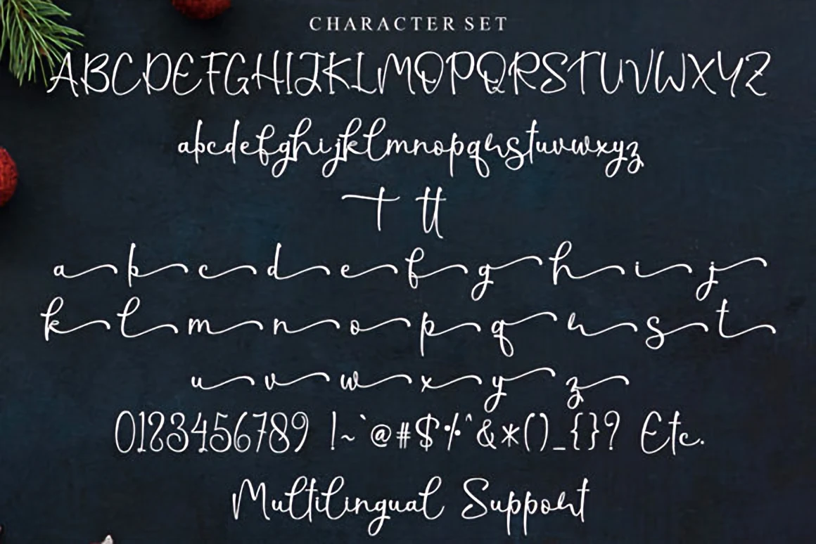 Christmas Shine Script Font – Elegant Holiday Calligraphy 3 Christmas Shine elegant handwritten script font displayed on a dark textured background with pine branches, stars, and soft holiday accents.