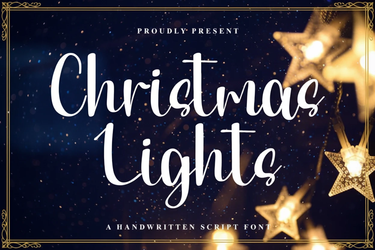 Top 10 Christmas Fonts to Elevate Your Holiday Designs 11 Christmas Lights elegant handwritten script font displayed over a dark festive background with glowing star lights and golden accents.