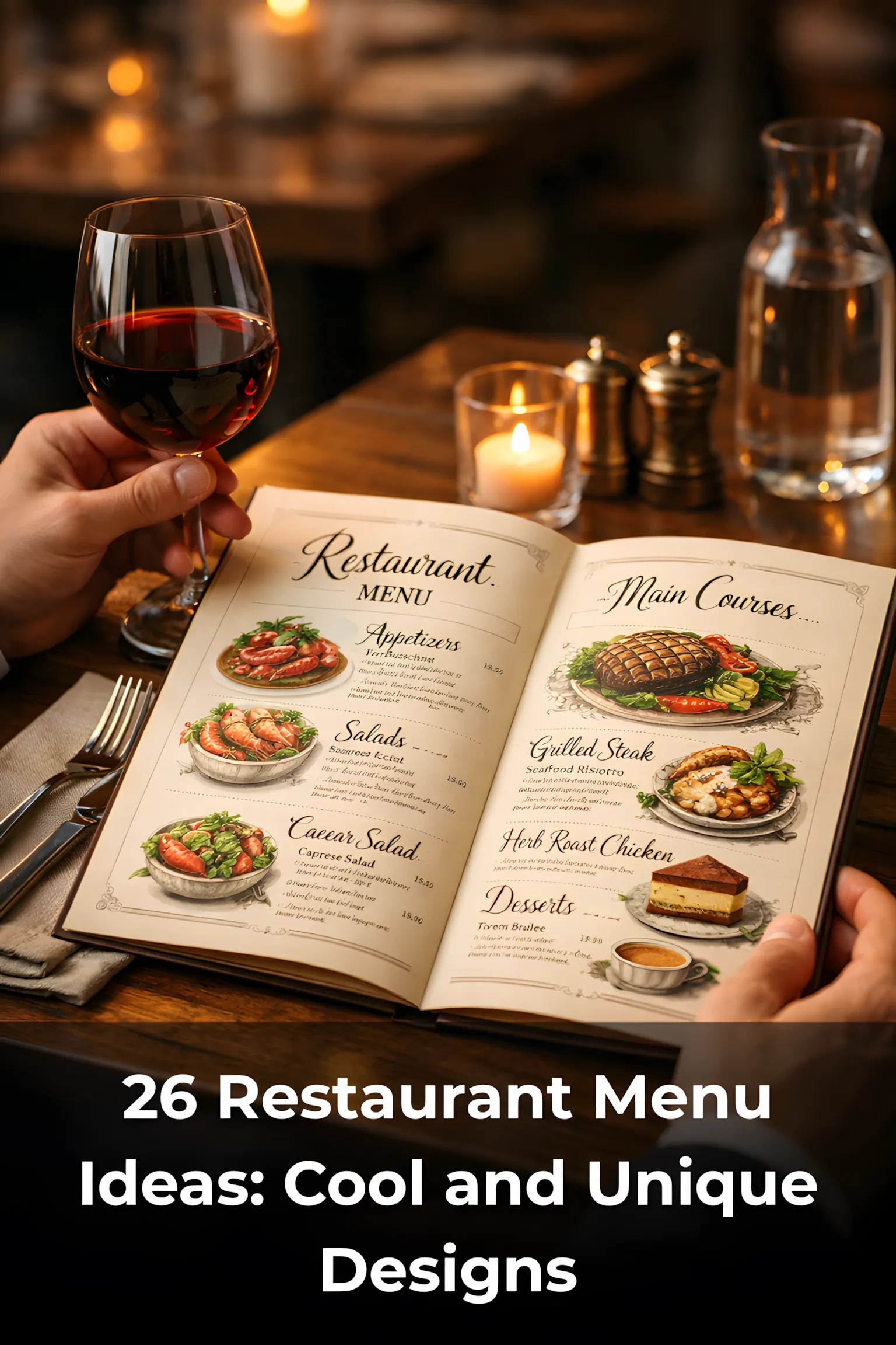 Elegant restaurant menu design with illustrated food layout on a wooden table, showcasing cool and unique menu design ideas