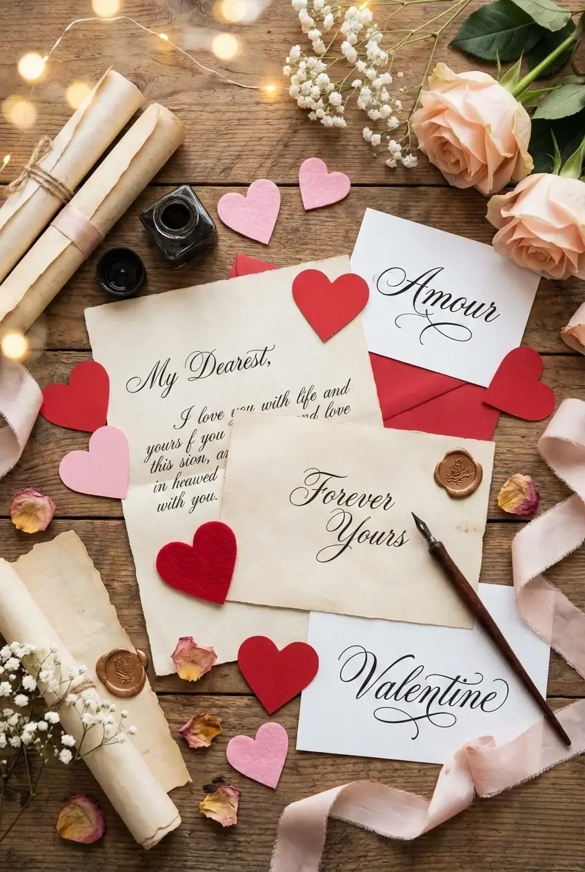 Flat lay with Valentine’s Day cards, red hearts, and romantic script fonts on vintage paper