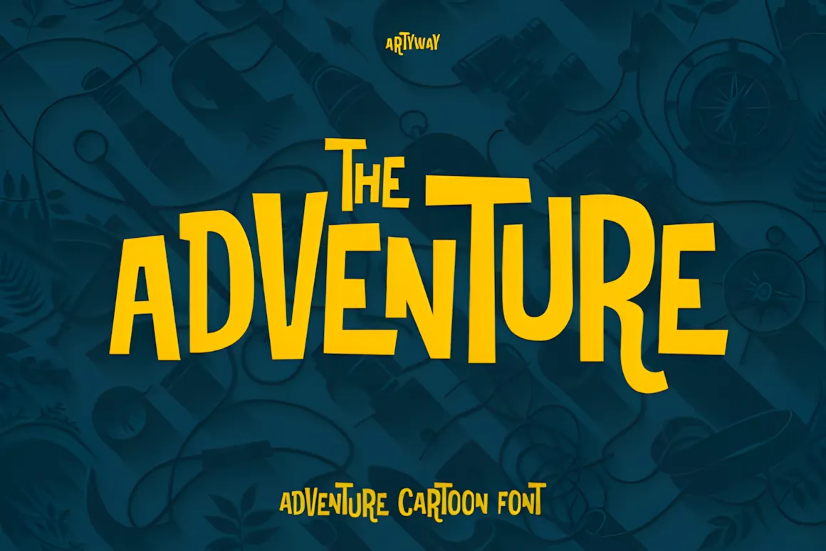 The Adventure cartoon font featuring bold playful lettering designed for kids projects, games, posters, and adventure-themed typography.