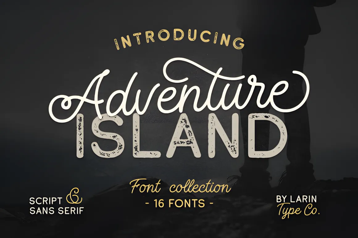 Adventure Island font collection featuring script and sans serif fonts designed for travel, adventure branding, posters, and outdoor typography.